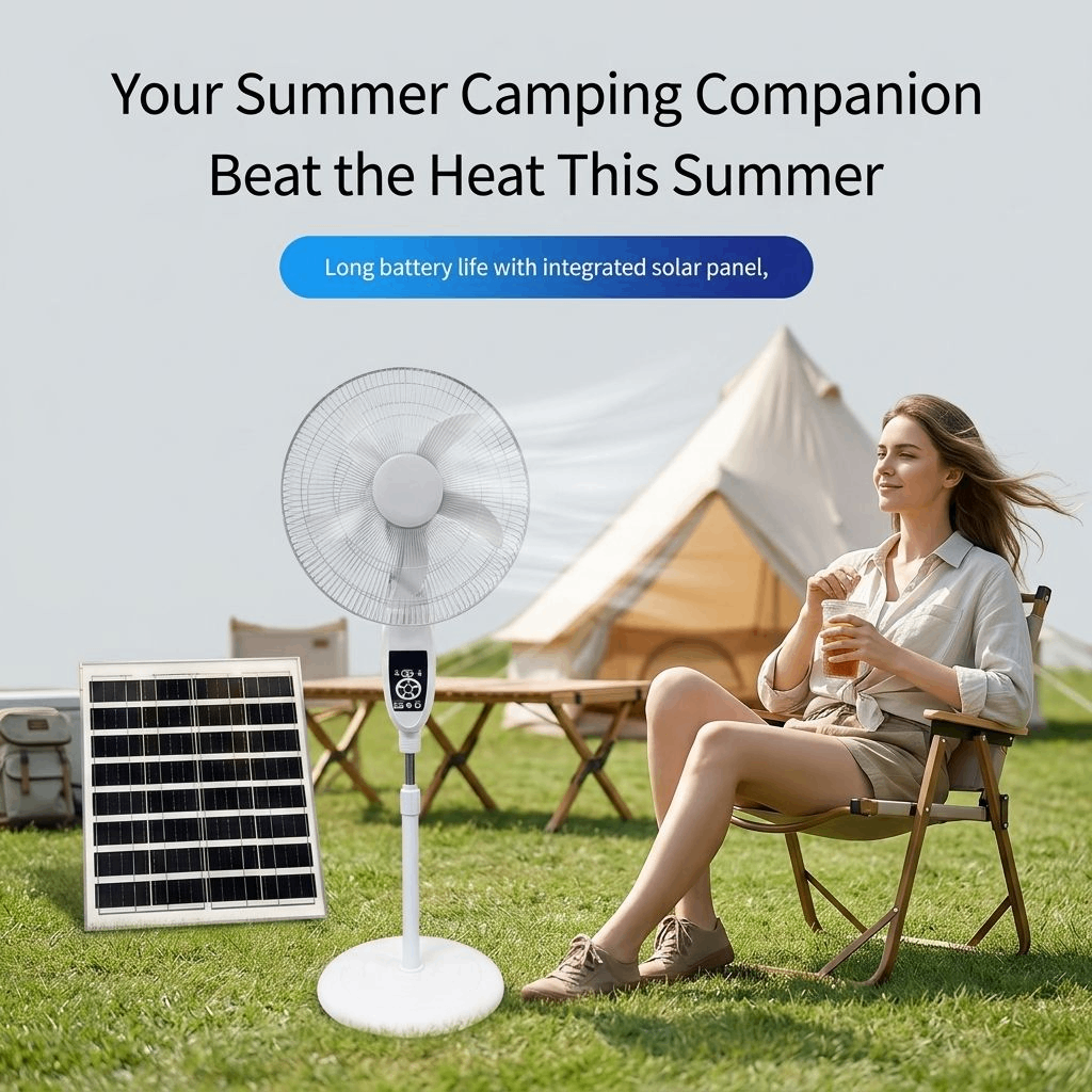 16-inch rechargeable solar fan with light, high airflow, quiet operation, and long battery life 10W 12V solar panel